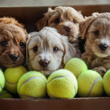 Darstellung des Puzzle Motivs Adorable Puppies in Box with Tennis Balls 100 Puzzle 3D Modell