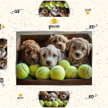 Darstellung des Puzzle Motivs Adorable Puppies in Box with Tennis Balls 100 Puzzle Schachtel 3D Modell