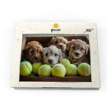 Darstellung des Puzzle Motivs Adorable Puppies in Box with Tennis Balls 200 Puzzle Schachtel Ansicht3