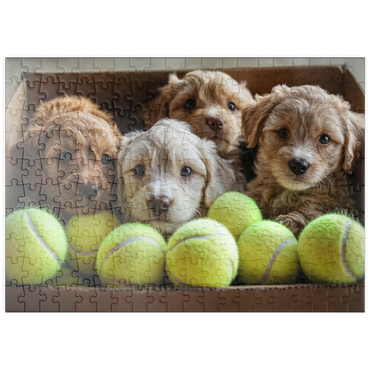 Darstellung des Puzzle Motivs puzzleplate Adorable Puppies in Box with Tennis Balls 200 Puzzle
