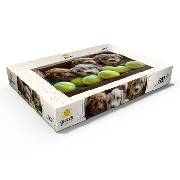 Darstellung des Puzzle Motivs Adorable Puppies in Box with Tennis Balls 500 Puzzle Schachtel Ansicht1