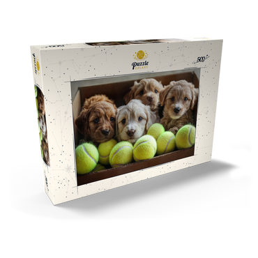 Darstellung des Puzzle Motivs Adorable Puppies in Box with Tennis Balls 500 Puzzle Schachtel Ansicht2