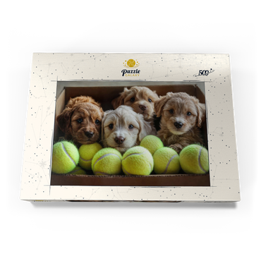 Darstellung des Puzzle Motivs Adorable Puppies in Box with Tennis Balls 500 Puzzle Schachtel Ansicht3