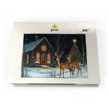 Darstellung des Puzzle Motivs Deer by Snowy Church with Christmas Tree 1000 Puzzle Schachtel Ansicht3