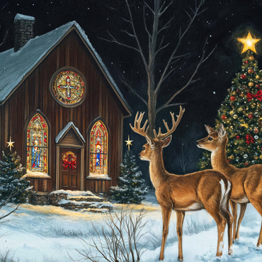 Darstellung des Puzzle Motivs Deer by Snowy Church with Christmas Tree 100 Puzzle 3D Modell