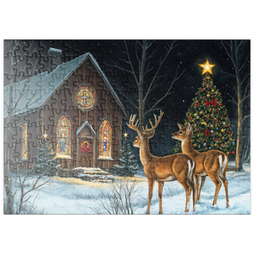 Darstellung des Puzzle Motivs puzzleplate Deer by Snowy Church with Christmas Tree 200 Puzzle