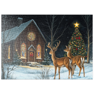 Darstellung des Puzzle Motivs puzzleplate Deer by Snowy Church with Christmas Tree 500 Puzzle