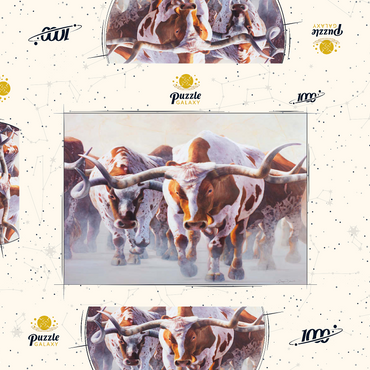 Darstellung des Puzzle Motivs Texas Longhorn Cattle in Motion 1000 Puzzle Schachtel 3D Modell