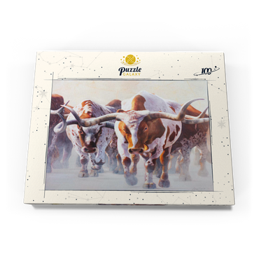Darstellung des Puzzle Motivs Texas Longhorn Cattle in Motion 100 Puzzle Schachtel Ansicht3