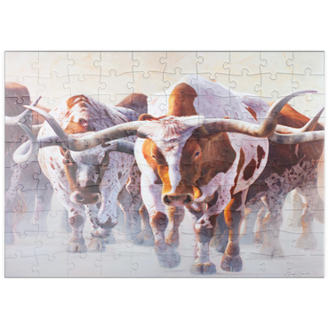 Darstellung des Puzzle Motivs puzzleplate Texas Longhorn Cattle in Motion 100 Puzzle