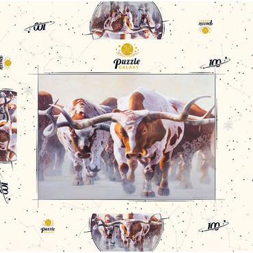 Darstellung des Puzzle Motivs Texas Longhorn Cattle in Motion 100 Puzzle Schachtel 3D Modell