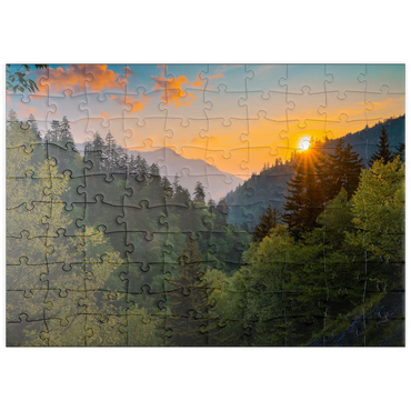 Darstellung des Puzzle Motivs puzzleplate Sunrise Over Forested Mountain Valley 100 Puzzle