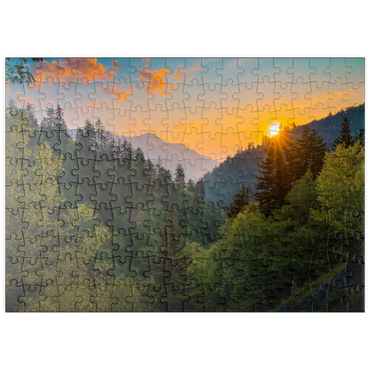 Darstellung des Puzzle Motivs puzzleplate Sunrise Over Forested Mountain Valley 200 Puzzle