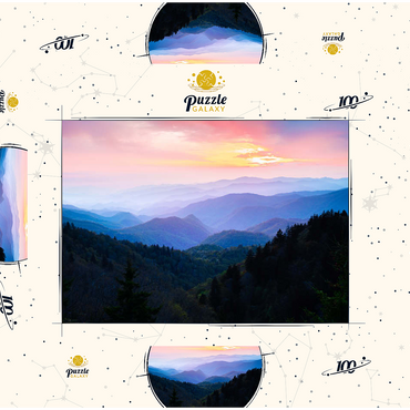 Darstellung des Puzzle Motivs Sunrise Over Smoky Mountain Ranges 100 Puzzle Schachtel 3D Modell