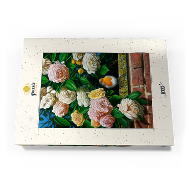 Darstellung des Puzzle Motivs European Robin Among Blooming Roses 1000 Puzzle Schachtel Ansicht3