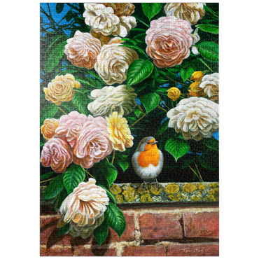 Darstellung des Puzzle Motivs puzzleplate European Robin Among Blooming Roses 1000 Puzzle
