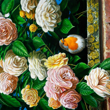 Darstellung des Puzzle Motivs European Robin Among Blooming Roses 1000 Puzzle 3D Modell