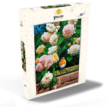 Darstellung des Puzzle Motivs European Robin Among Blooming Roses 100 Puzzle Schachtel Ansicht2