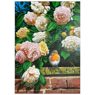 Darstellung des Puzzle Motivs puzzleplate European Robin Among Blooming Roses 100 Puzzle