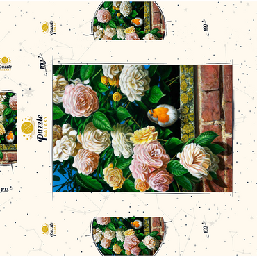 Darstellung des Puzzle Motivs European Robin Among Blooming Roses 100 Puzzle Schachtel 3D Modell