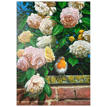 Darstellung des Puzzle Motivs puzzleplate European Robin Among Blooming Roses 200 Puzzle