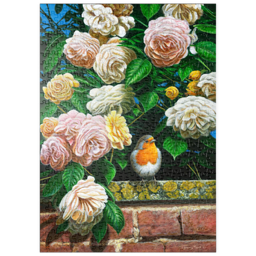 Darstellung des Puzzle Motivs puzzleplate European Robin Among Blooming Roses 500 Puzzle
