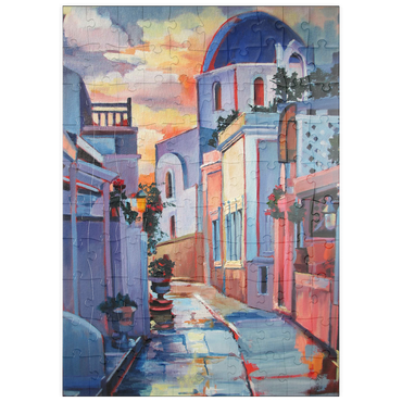 Darstellung des Puzzle Motivs puzzleplate Sunset Alley in Santorini 100 Puzzle