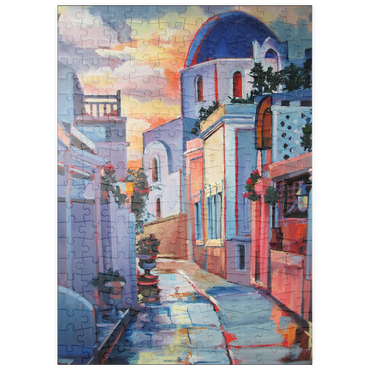 Darstellung des Puzzle Motivs puzzleplate Sunset Alley in Santorini 200 Puzzle