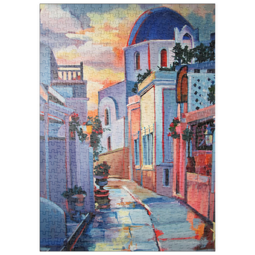 Darstellung des Puzzle Motivs puzzleplate Sunset Alley in Santorini 500 Puzzle