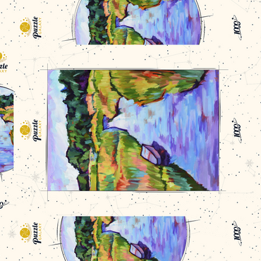 Darstellung des Puzzle Motivs Vibrant River Landscape with Boat 1000 Puzzle Schachtel 3D Modell