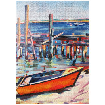 Darstellung des Puzzle Motivs puzzleplate Vibrant Dockside with Orange Rowboat 1000 Puzzle