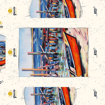 Darstellung des Puzzle Motivs Vibrant Dockside with Orange Rowboat 1000 Puzzle Schachtel 3D Modell