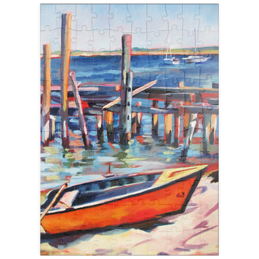 Darstellung des Puzzle Motivs puzzleplate Vibrant Dockside with Orange Rowboat 100 Puzzle