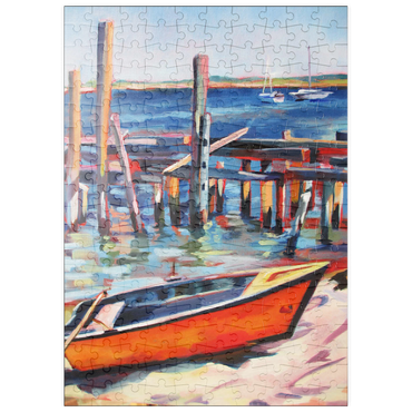 Darstellung des Puzzle Motivs puzzleplate Vibrant Dockside with Orange Rowboat 200 Puzzle