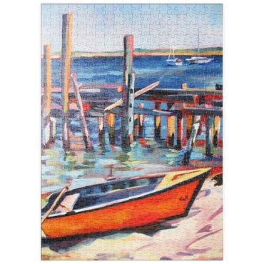 Darstellung des Puzzle Motivs puzzleplate Vibrant Dockside with Orange Rowboat 500 Puzzle