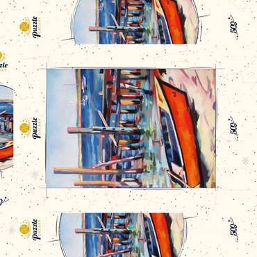 Darstellung des Puzzle Motivs Vibrant Dockside with Orange Rowboat 500 Puzzle Schachtel 3D Modell