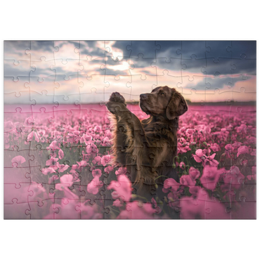 Darstellung des Puzzle Motivs puzzleplate Chocolate Labrador in Blooming Pink Field 100 Puzzle