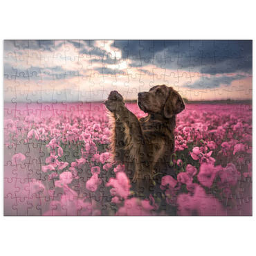 Darstellung des Puzzle Motivs puzzleplate Chocolate Labrador in Blooming Pink Field 200 Puzzle