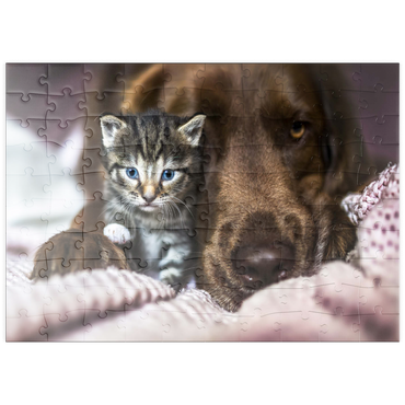 Darstellung des Puzzle Motivs puzzleplate Kitten and Dog Resting Together 100 Puzzle