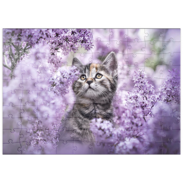 Darstellung des Puzzle Motivs puzzleplate Kitten Among Blooming Lilac Flowers 100 Puzzle
