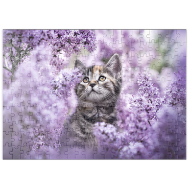 Darstellung des Puzzle Motivs puzzleplate Kitten Among Blooming Lilac Flowers 200 Puzzle