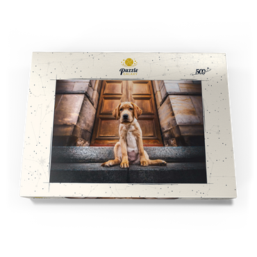 Darstellung des Puzzle Motivs Golden Labrador Puppy on Stone Steps 500 Puzzle Schachtel Ansicht3