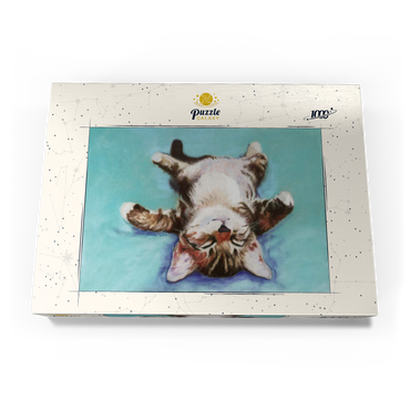 Darstellung des Puzzle Motivs Relaxed Kitten on Turquoise Background 1000 Puzzle Schachtel Ansicht3