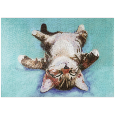 Darstellung des Puzzle Motivs puzzleplate Relaxed Kitten on Turquoise Background 1000 Puzzle