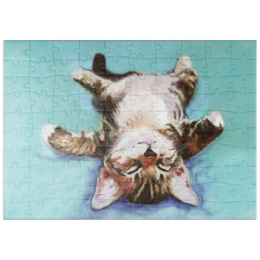 Darstellung des Puzzle Motivs puzzleplate Relaxed Kitten on Turquoise Background 100 Puzzle