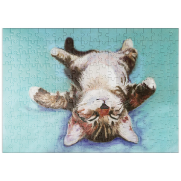 Darstellung des Puzzle Motivs puzzleplate Relaxed Kitten on Turquoise Background 200 Puzzle