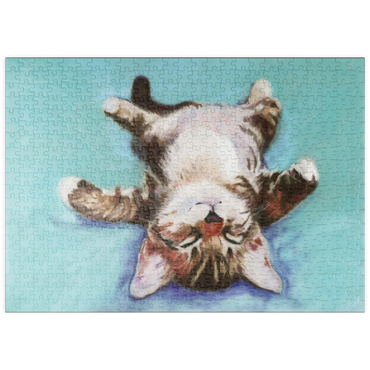 Darstellung des Puzzle Motivs puzzleplate Relaxed Kitten on Turquoise Background 500 Puzzle