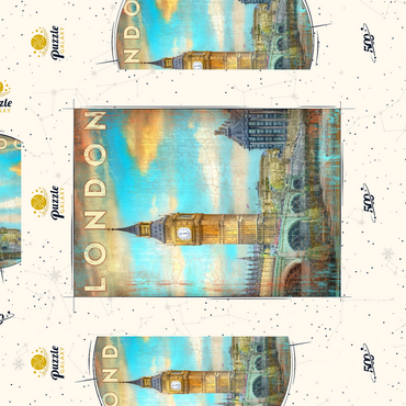 Darstellung des Puzzle Motivs Vintage London Big Ben Artwork – Retro Travel Poster Style 500 Puzzle Schachtel 3D Modell