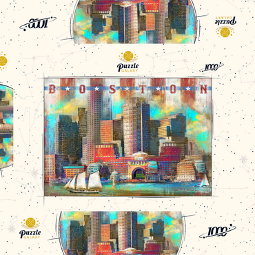 Darstellung des Puzzle Motivs Vintage Boston Harbor Skyline – Patriotic Retro City Art 1000 Puzzle Schachtel 3D Modell