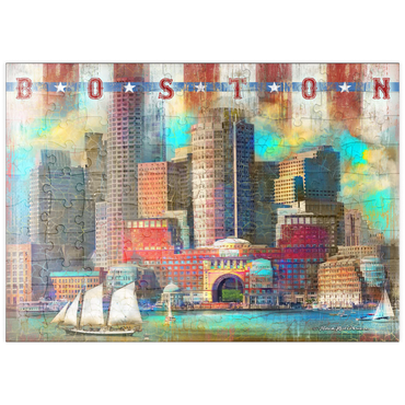 Darstellung des Puzzle Motivs puzzleplate Vintage Boston Harbor Skyline – Patriotic Retro City Art 100 Puzzle